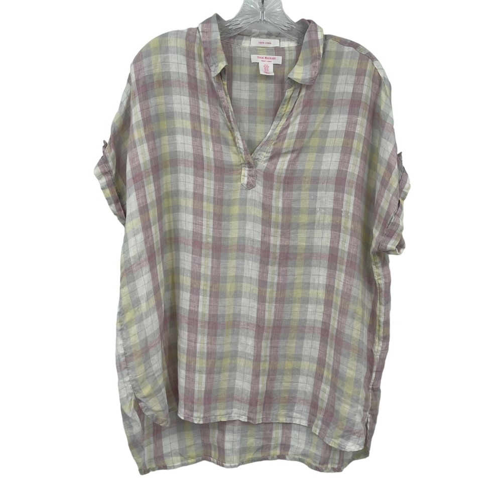 Isaac Mizrahi 100% Linen Top Womens M Multi Color Plaid Boxy Camp Preppy Pastel